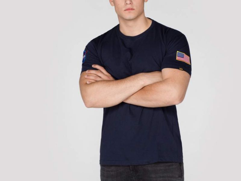 Alpha Industries pánske tričko tmavomodré s nášivkami NASA a vlajkou USA