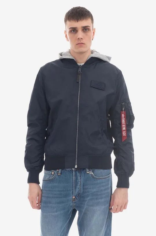 Alpha Industries pánska bunda tmavomodrá s kapucňou a veľkým logom - Original Brands