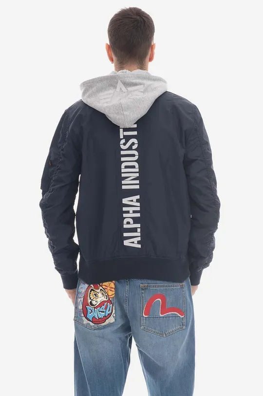 Alpha Industries pánska bunda tmavomodrá s kapucňou a veľkým logom - Original Brands